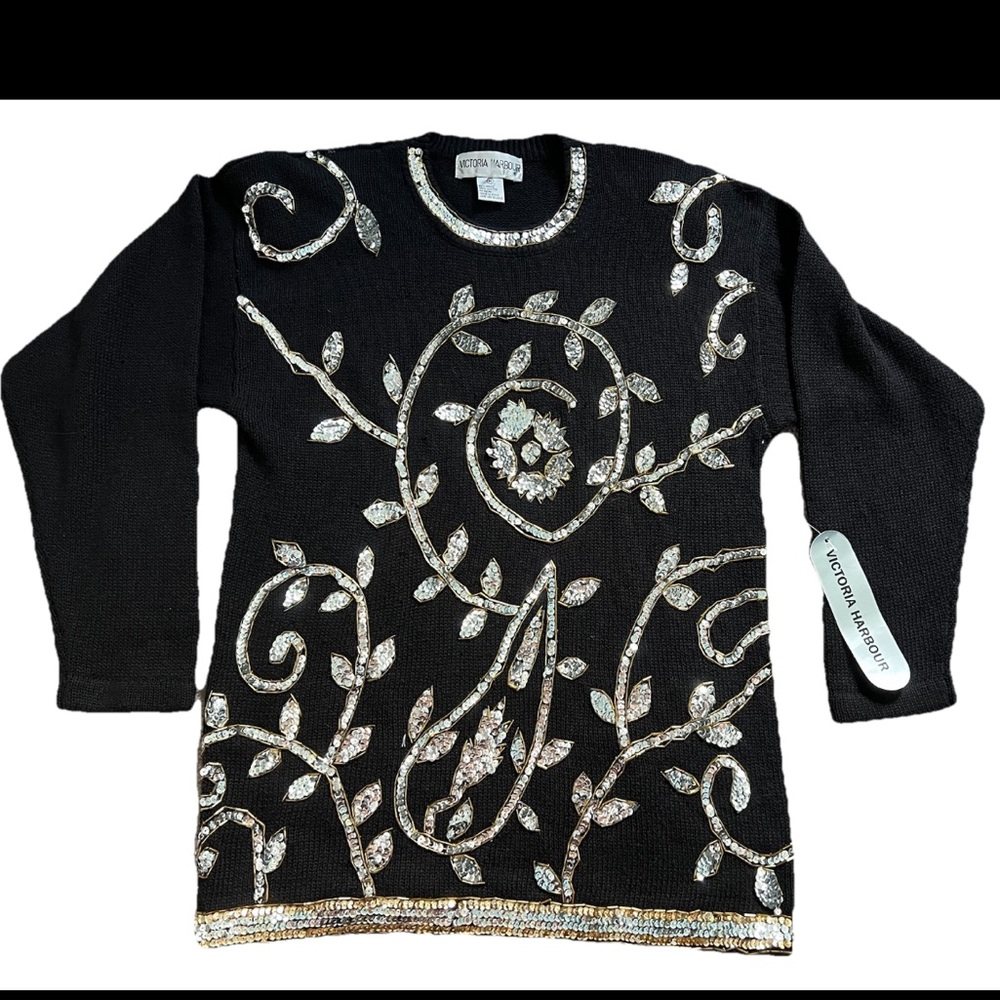 Victoria Harbour Sweater Women's Med BLACK Sequins Beading Holiday NWT